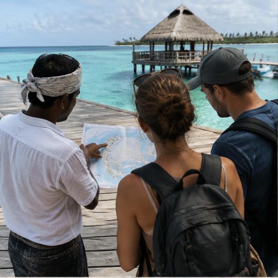 Local guide planning an island route with travelers