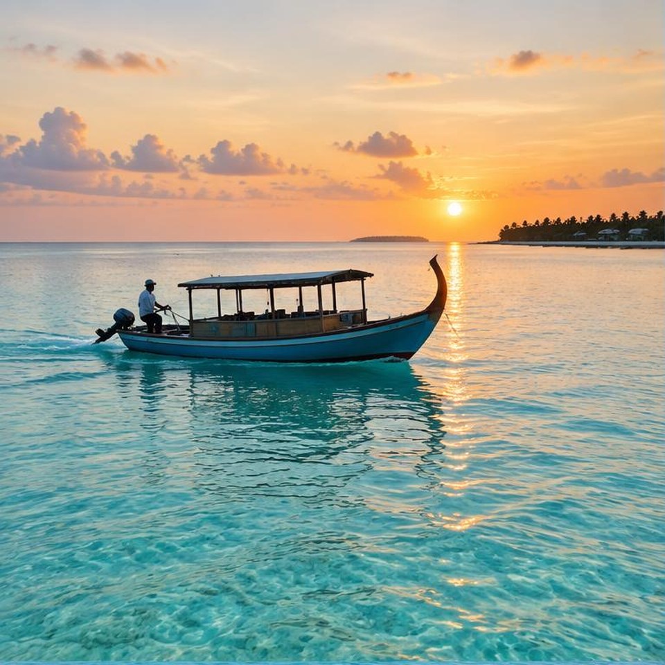 Traditional Maldives boat crossing a lagoon at sunrise